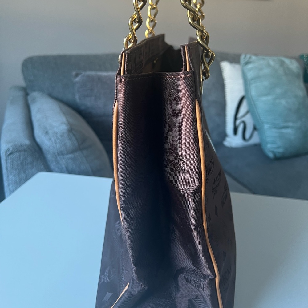 MCM Brown Monogram Tote with Gold Chain and Tan Leather Straps - Picture 4 of 15